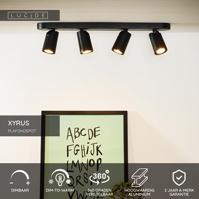 Lucide XYRUS - Plafondspot - LED Dim to warm - GU10 - 4x5W 2200K/3000K - Zwart